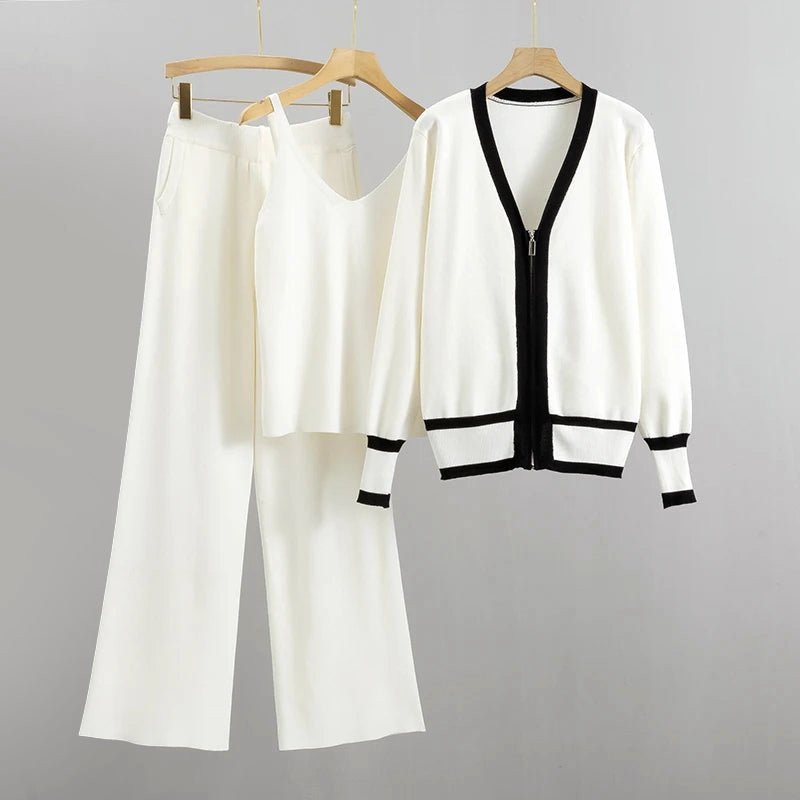 Dames 3 - delige gebreide set met contrasterend vest, tanktop en wijde broek - Jorisenmerle