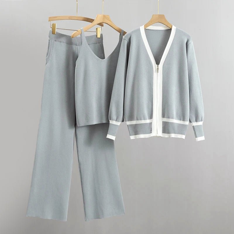 Dames 3 - delige gebreide set met contrasterend vest, tanktop en wijde broek - Jorisenmerle