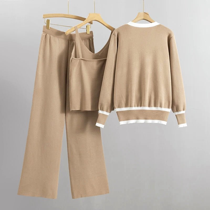 Dames 3 - delige gebreide set met contrasterend vest, tanktop en wijde broek - Jorisenmerle