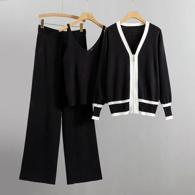Dames 3 - delige gebreide set met contrasterend vest, tanktop en wijde broek - Jorisenmerle
