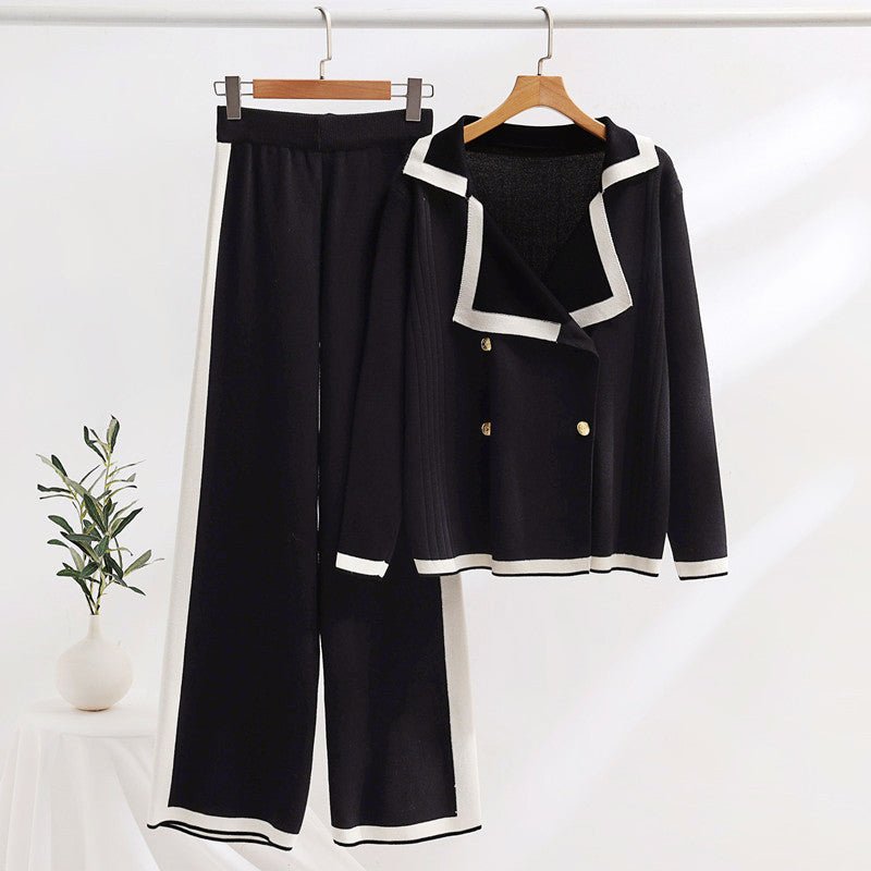 Dames Contrasterende Gebreide Set met Dubbelrijig Vest en Wijde Broek - Jorisenmerle
