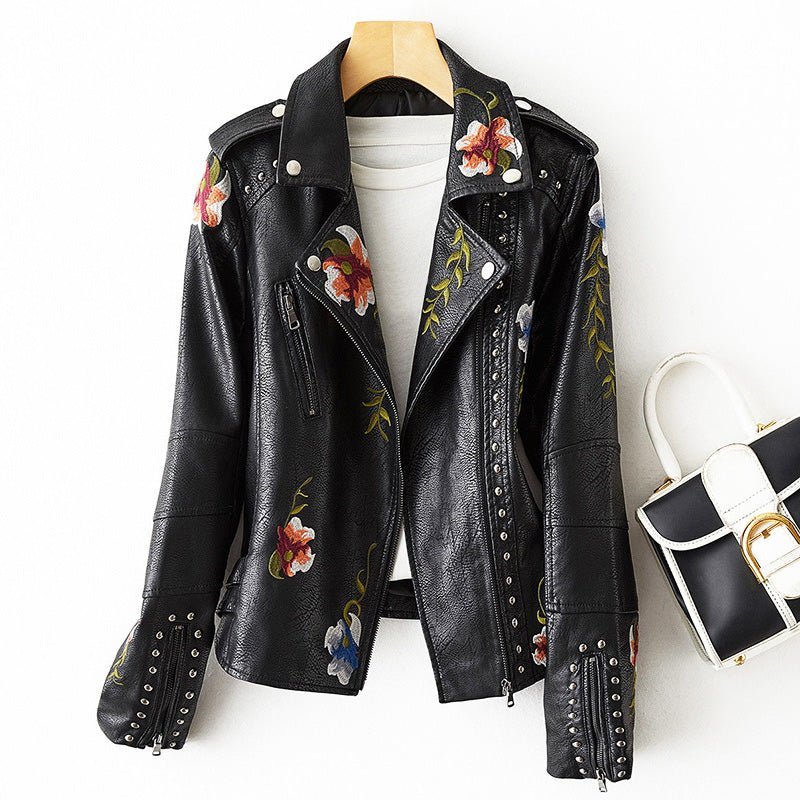 Floral print geborduurd faux lederen jas voor vrouwen - Jorisenmerle