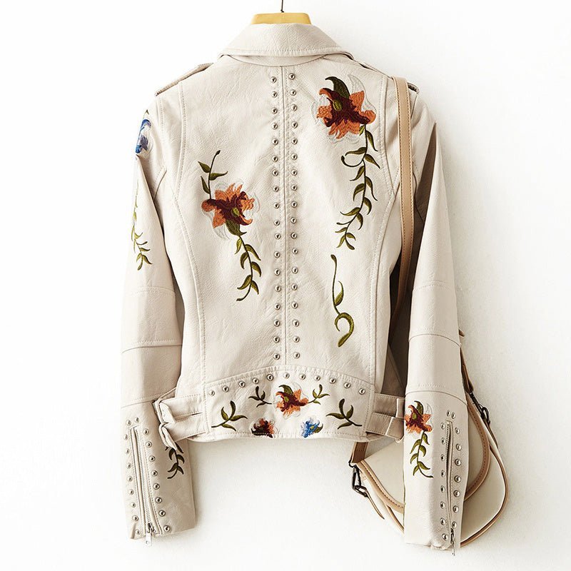 Floral print geborduurd faux lederen jas voor vrouwen - Jorisenmerle
