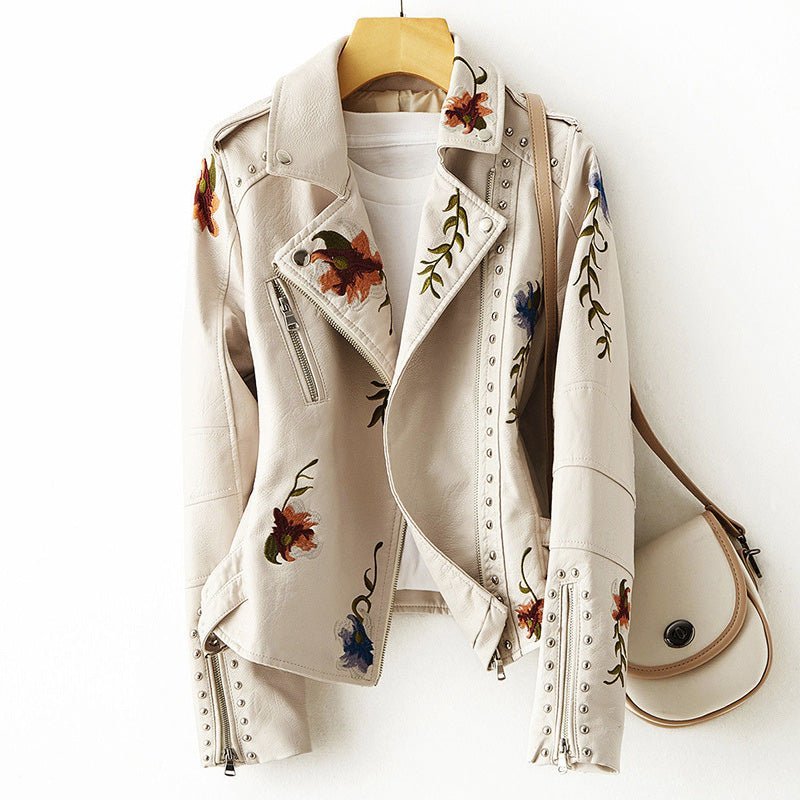 Floral print geborduurd faux lederen jas voor vrouwen - Jorisenmerle