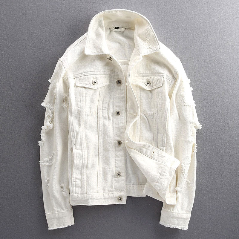 Heren Denim Jas in Effenkleur met Gescheurde Mouwen - Jorisenmerle