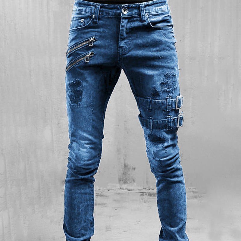 Heren distressed slim - fit jeans met moto accenten - Jorisenmerle