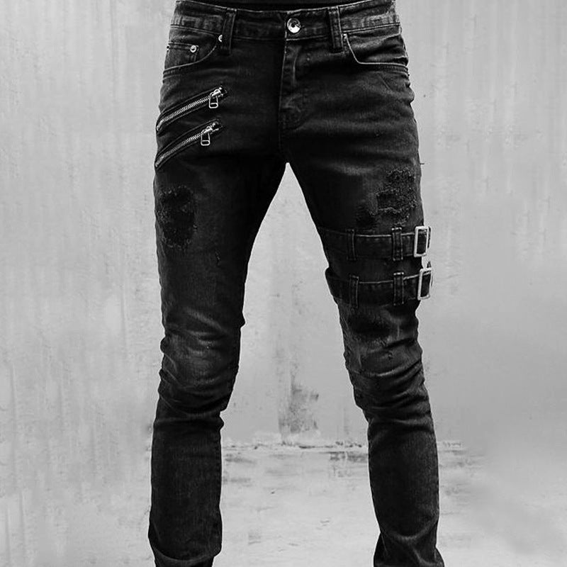 Heren distressed slim - fit jeans met moto accenten - Jorisenmerle