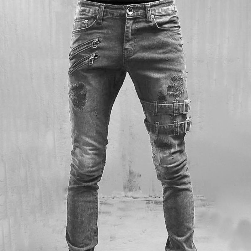 Heren distressed slim - fit jeans met moto accenten - Jorisenmerle