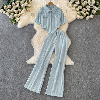 Casual shirt met korte mouwen en wijde broek set voor dames - Jorisenmerle