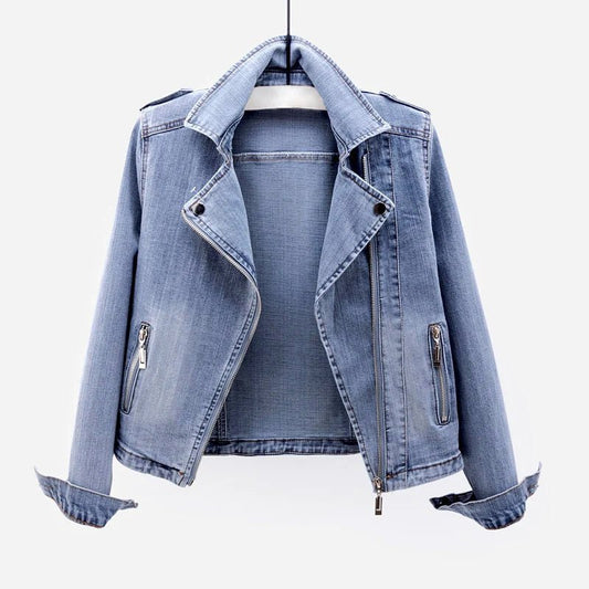 Cropped Denimjack voor Dames met Reverskraag en Asymmetrische Sluiting - Jorisenmerle