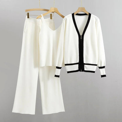 Dames 3 - delige gebreide set met contrasterend vest, tanktop en wijde broek - Jorisenmerle