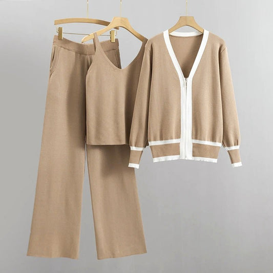 Dames 3 - delige gebreide set met contrasterend vest, tanktop en wijde broek - Jorisenmerle