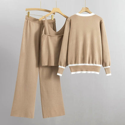 Dames 3 - delige gebreide set met contrasterend vest, tanktop en wijde broek - Jorisenmerle
