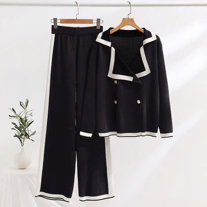 Dames Contrasterende Gebreide Set met Dubbelrijig Vest en Wijde Broek - Jorisenmerle