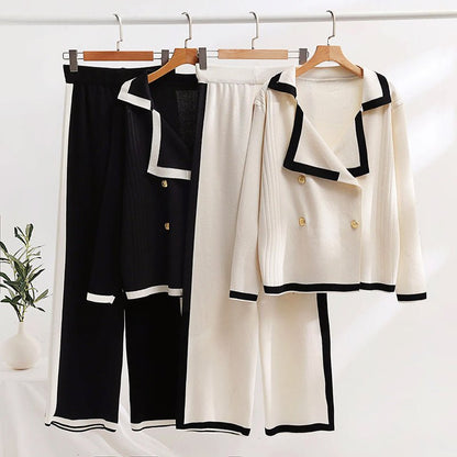 Dames Contrasterende Gebreide Set met Dubbelrijig Vest en Wijde Broek - Jorisenmerle