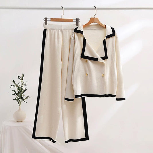 Dames Contrasterende Gebreide Set met Dubbelrijig Vest en Wijde Broek - Jorisenmerle