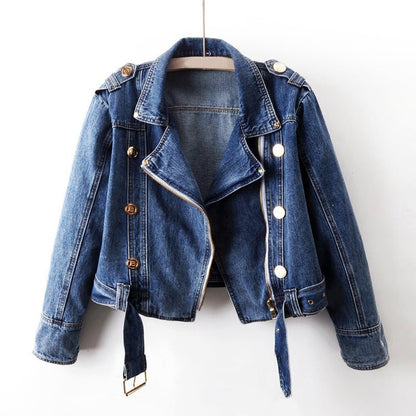 Dames Cropped Denim Jas met Decoratieve Knopen en Riem - Jorisenmerle