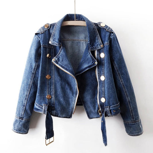 Dames Cropped Denim Jas met Decoratieve Knopen en Riem - Jorisenmerle
