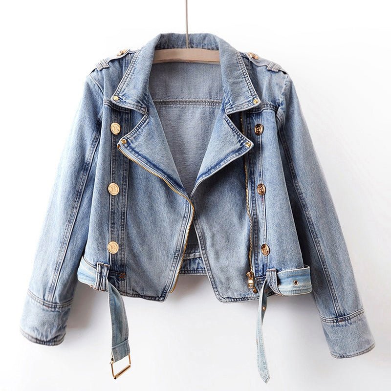 Dames Cropped Denim Jas met Decoratieve Knopen en Riem - Jorisenmerle