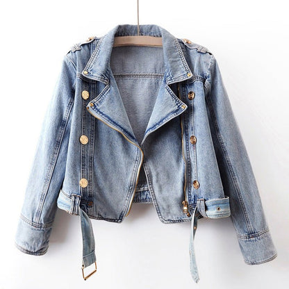 Dames Cropped Denim Jas met Decoratieve Knopen en Riem - Jorisenmerle