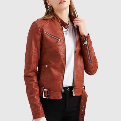 Dames Cropped Motorjack van Imitatieleer met Riem - Jorisenmerle