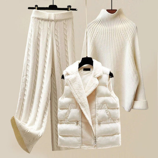 Dames Driedelige Set met Trui, Kabelgebreide Broek en Gewatteerde Bodywarmer - Jorisenmerle