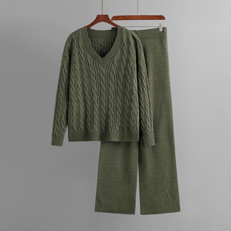 Dames Knit Set met V - Hals Kabeltrui en Wijdvallende Broek - Jorisenmerle