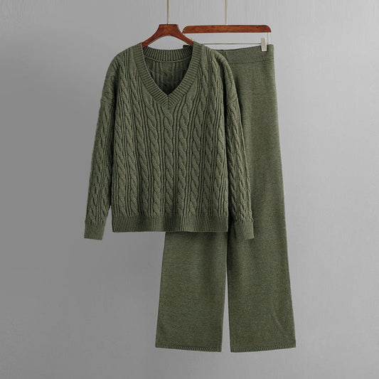 Dames Knit Set met V - Hals Kabeltrui en Wijdvallende Broek - Jorisenmerle