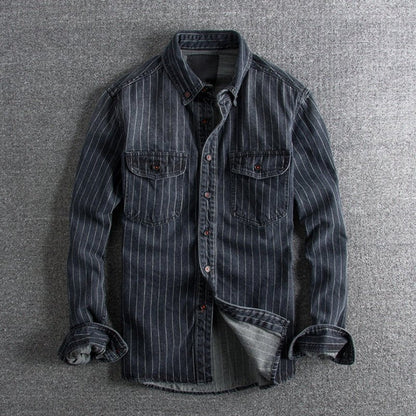 Gestreepte gewassen denim shirt met lange mouwen voor heren - Jorisenmerle