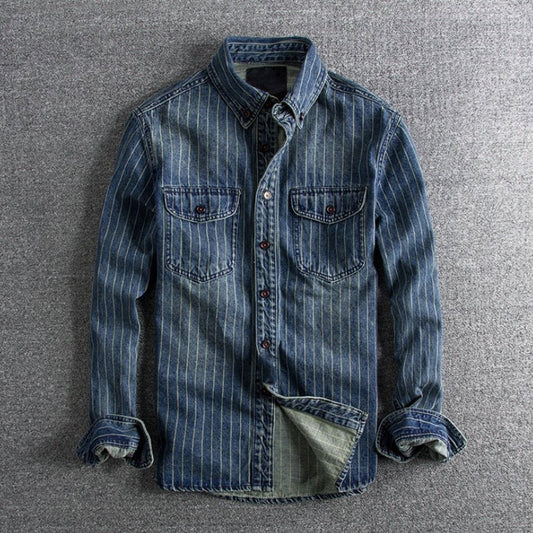 Gestreepte gewassen denim shirt met lange mouwen voor heren - Jorisenmerle