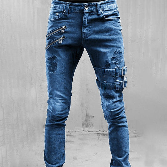 Heren distressed slim - fit jeans met moto accenten - Jorisenmerle