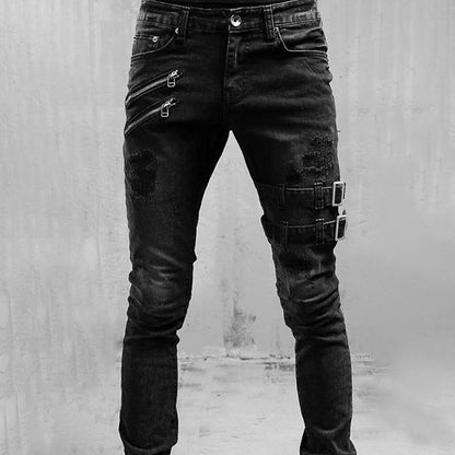 Heren distressed slim - fit jeans met moto accenten - Jorisenmerle